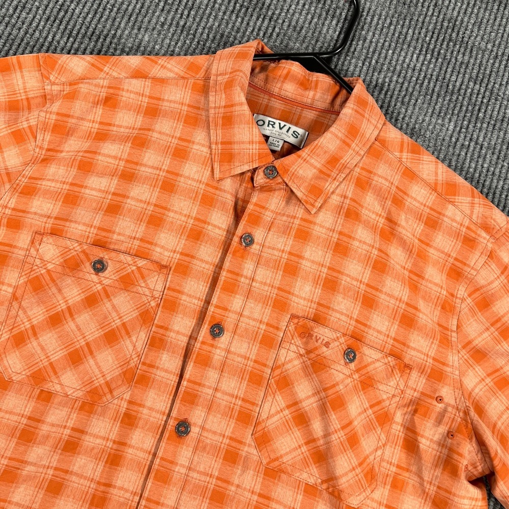 Orvis Shirt Mens Large Orange Plaid Short Sleeve Button Up Classic Performance